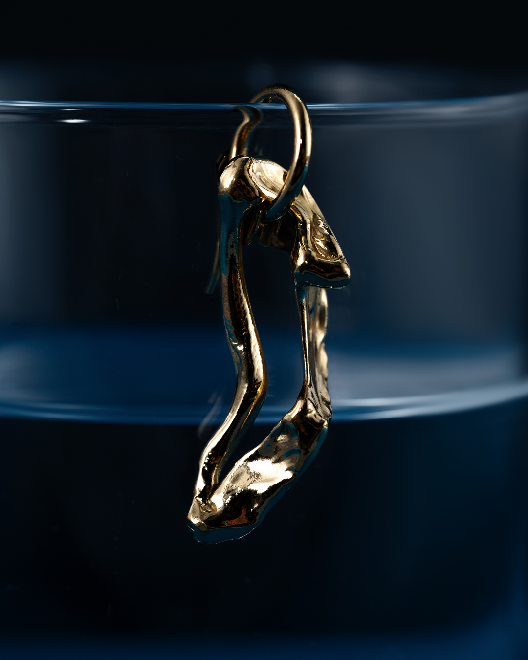 Close-up studio shot of a gold-toned pendant suspended in a glass container with a dark blue liquid, highlighting its metallic details.