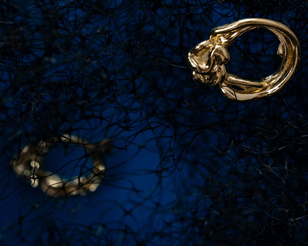 Close-up of a gold lion head earring against a dark blue background with black netting. Jewelry is brightly lit and detailed.