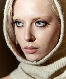 Close-up beauty portrait of a woman wearing a cream knitted balaclava hood with styled eye makeup and bleached eyebrows.
