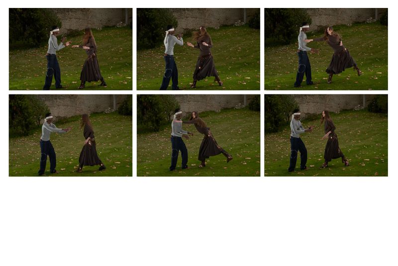Two people in an outdoor setting; a blindfolded individual appears to touch the other person, captured in a series of frames.