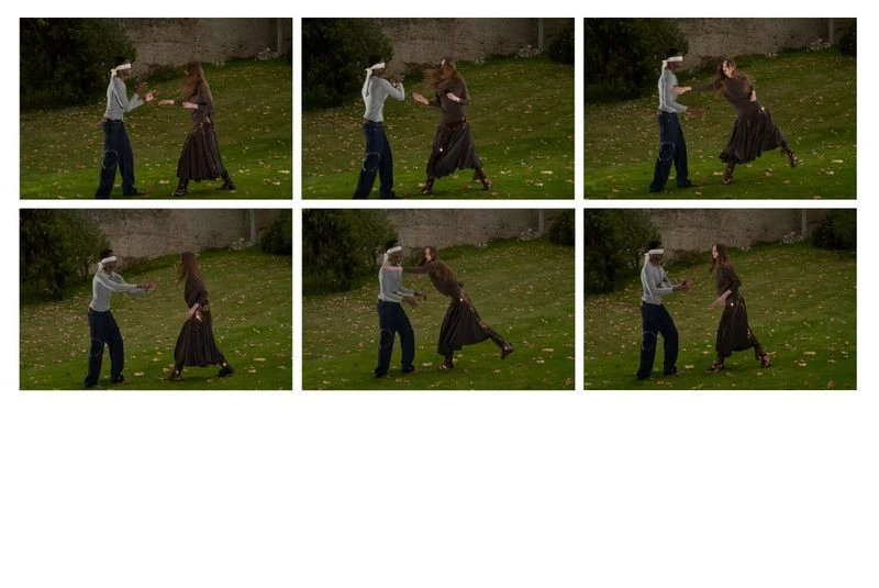 Two people in an outdoor setting; a blindfolded individual appears to touch the other person, captured in a series of frames.