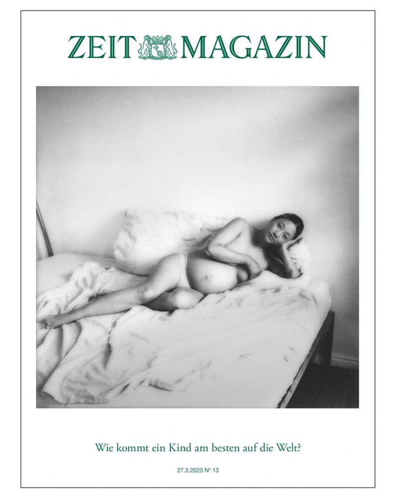 Black-and-white magazine cover featuring a pregnant woman lying on a bed, with the 'ZEIT MAGAZIN' logo and text visible.