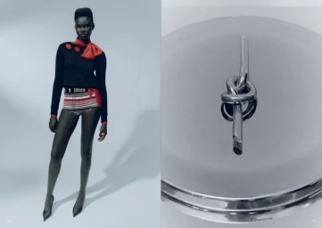 Model wearing a black sweater with red details and striped shorts, alongside a close-up of a silver knot accessory.