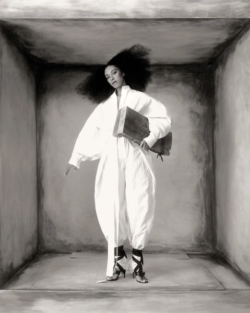 Black and white portrait of a woman in a white jumpsuit with dark hair, holding a dark book, standing in a white box.