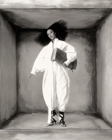 Black and white portrait of a woman in a white jumpsuit with dark hair, holding a dark book, standing in a white box.