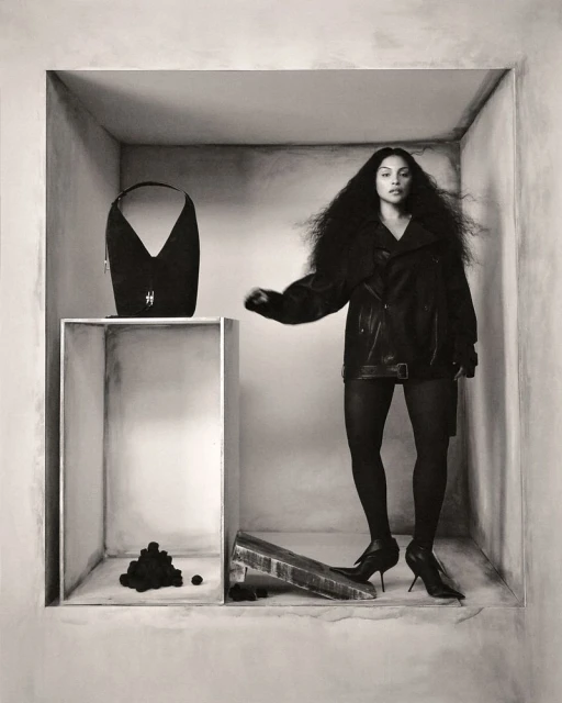 Black and white studio shot of a woman in a leather jacket, with a black purse, heels, and cubic architecture in the background.