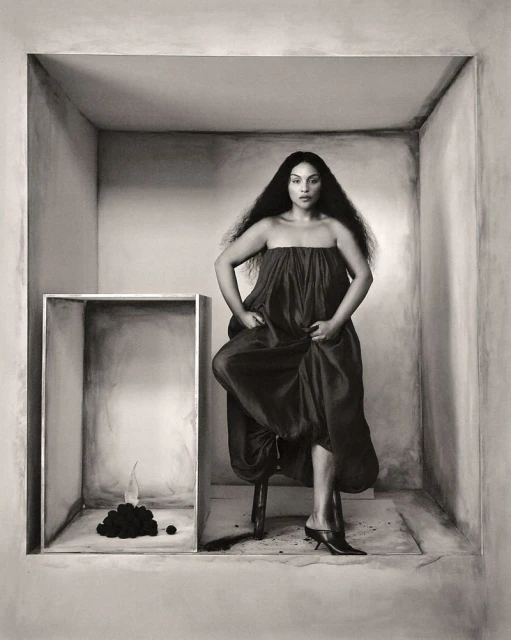 Elegant adult female posing on a stool inside a painted box, wearing a strapless dress and heels, next to a pile of objects.  