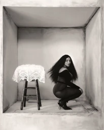 Model Paloma Elsesser crouching inside a large white box next to a stool with a lace cover for Harper's Bazaar Italia.