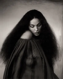 Close-up portrait of Paloma Elsesser with long dark hair wearing an off-the-shoulder garment