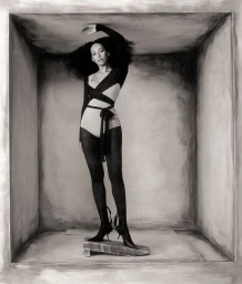 Model Paloma Elsesser posing inside a textured rectangular box set wearing a strappy bodysuit and dark tights