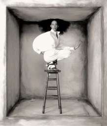 Model Paloma Elsesser wearing white clothing squatting on a wooden stool inside a large box-like set for Harper's Bazaar Italia