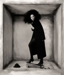 Paloma Elsesser in a black coat posing inside a box-like set for Harper's Bazaar Italia
