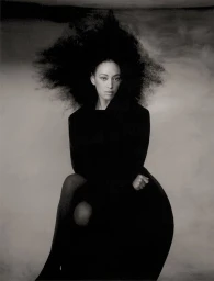 Model Paloma Elsesser with voluminous dark hair wearing black attire against a moody textured studio backdrop