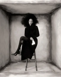 Model Paloma Elsesser wearing a black coat seated on a wooden stool inside a textured box set for Harper's Bazaar Italia