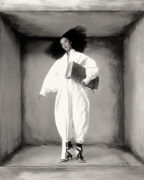 Model Paloma Elsesser in a white jumpsuit holding a dark rectangular prop inside a textured box studio set