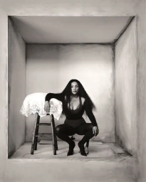 Paloma Elsesser crouching inside a structured grey alcove beside a small wooden stool draped with a white lace cloth.