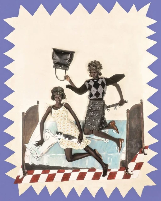 Two dark-skinned women in dresses on a bed under a jagged border against a lavender backdrop, one jumping with a purse and one with a cat.