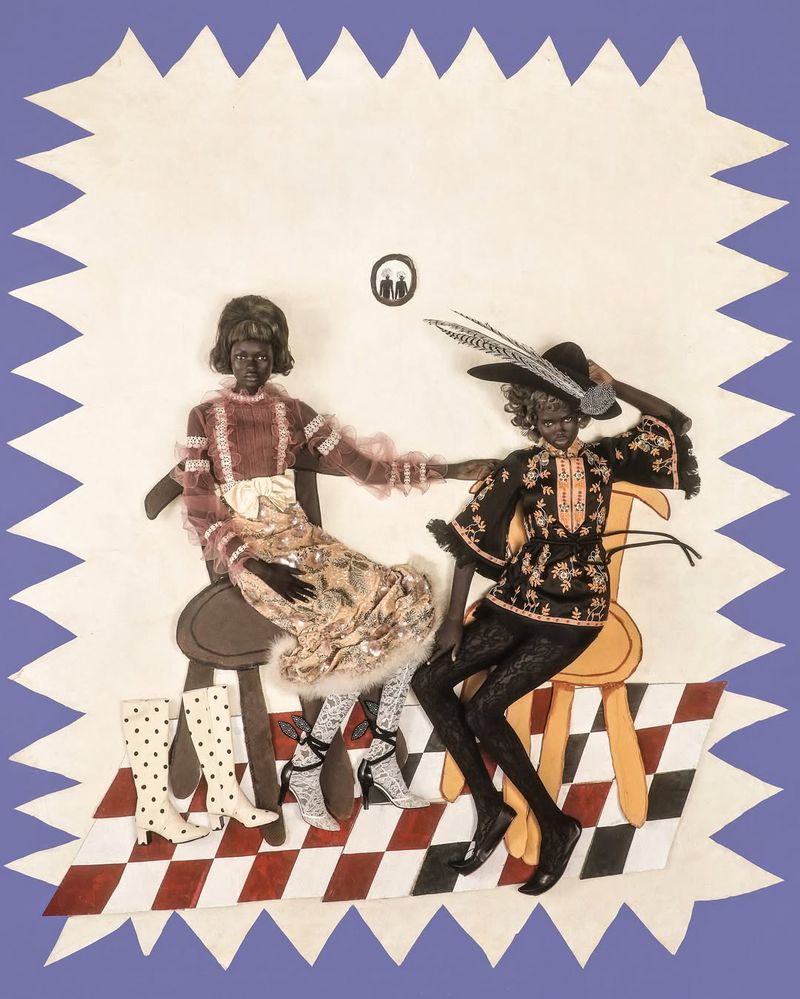 Illustration of two vintage dolls seated on chairs on a red-and-white checkered surface against a blue and white jagged background.