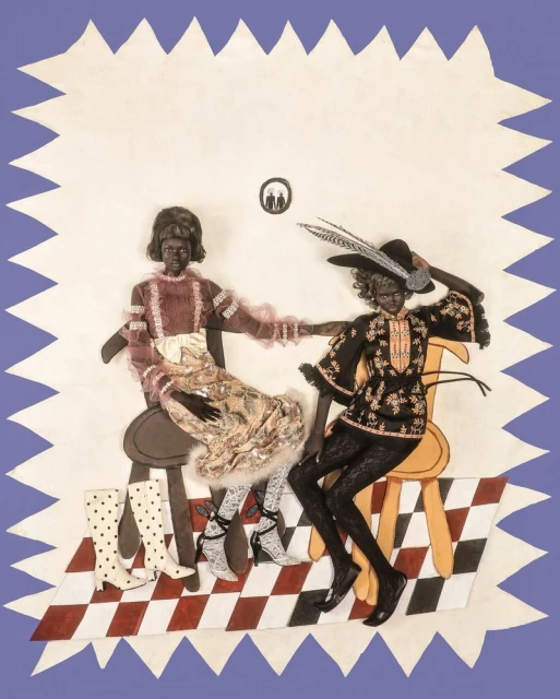Illustration of two vintage dolls seated on chairs on a red-and-white checkered surface against a blue and white jagged background.