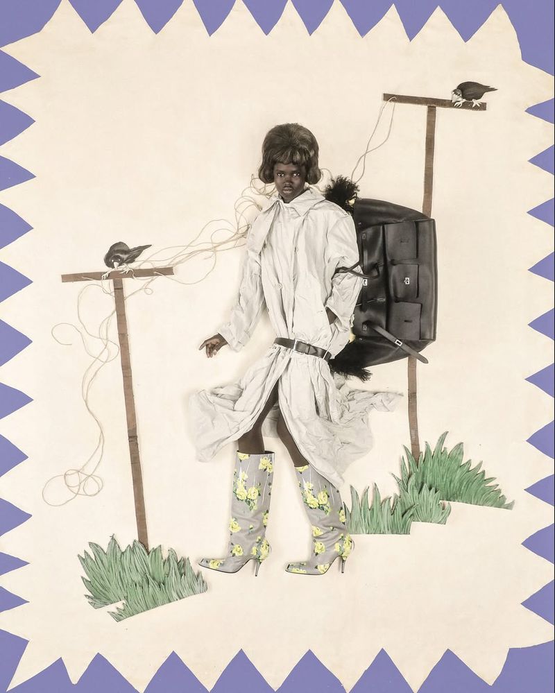 Woman in vintage floral boots and a white coat stands near bird poles. She is wearing a bagpack with short curly hair, paper-art style.