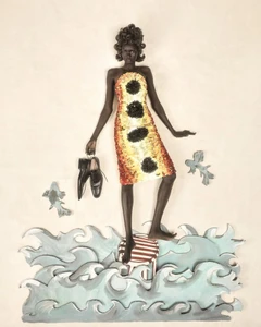 Model standing on a small striped stool above cutout painted waves holding shoes for Numero France Exercices De Style