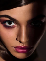 Extreme close-up portrait of a woman with dramatic eye makeup and berry lipstick under moody low-key lighting for Elle Croatia.