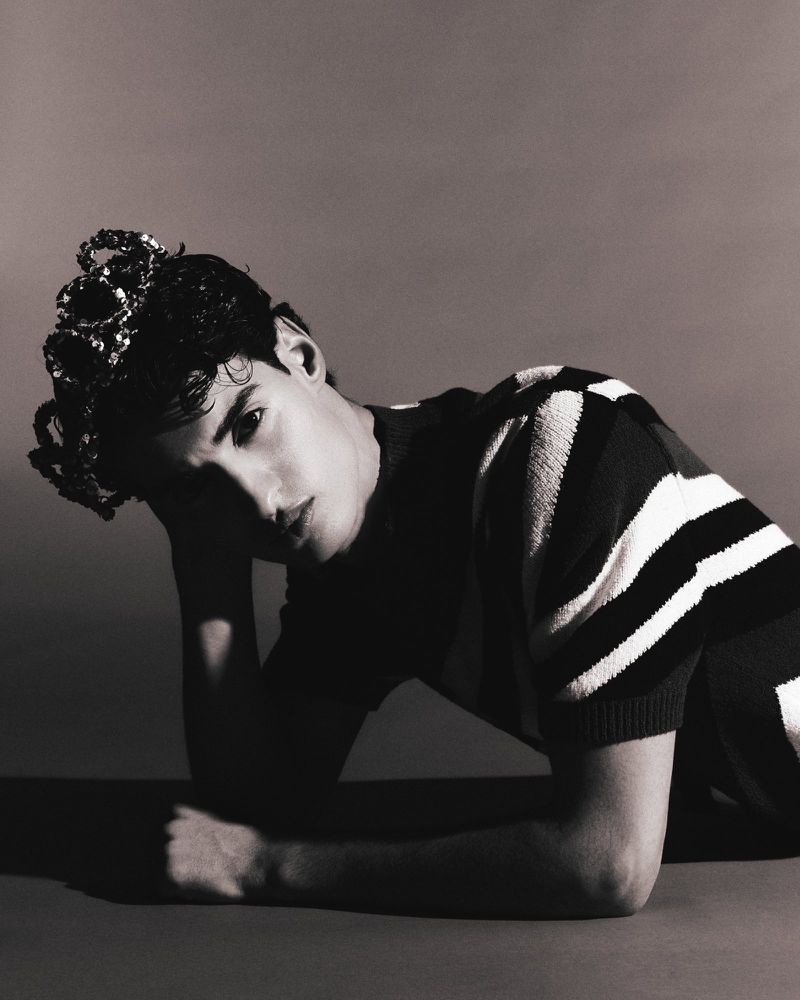 Monochrome portrait of a young adult male with dark hair, wearing a striped shirt and a decorative crown, resting on his arm.