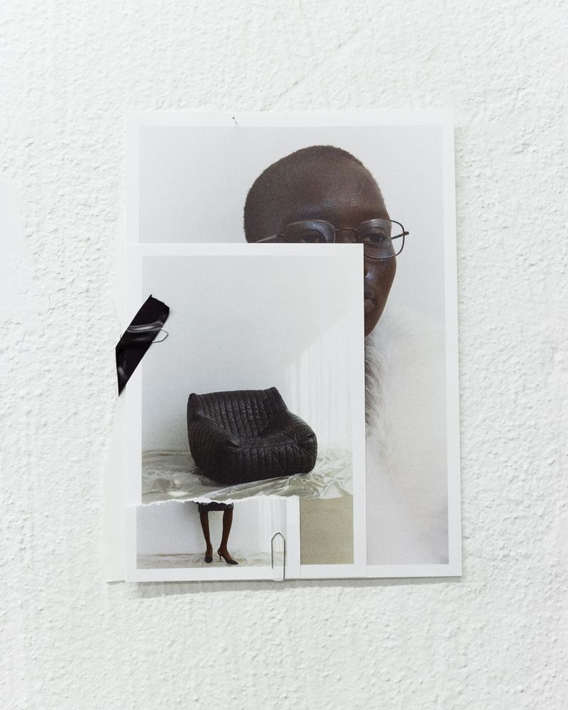 Collage of photos: portrait of Black person with glasses, black quilted chair, and woman's legs in heels on textured white background.