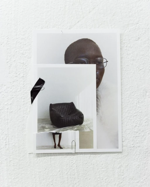 Collage of photos: portrait of Black person with glasses, black quilted chair, and woman's legs in heels on textured white background.