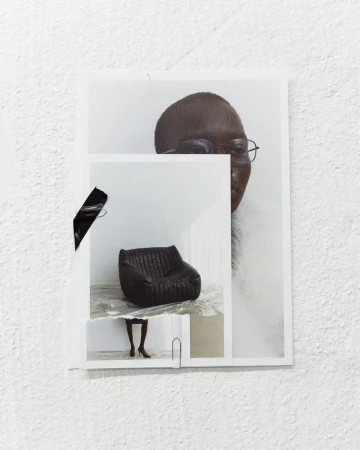 Collage of photos: portrait of Black person with glasses, black quilted chair, and woman's legs in heels on textured white background.