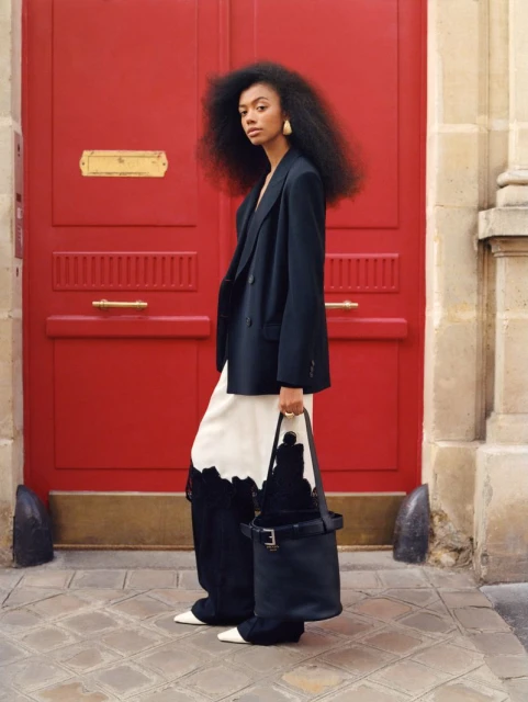 Fashion shot of an adult woman in a black blazer and white pants standing in front of a red door holding a black purse.