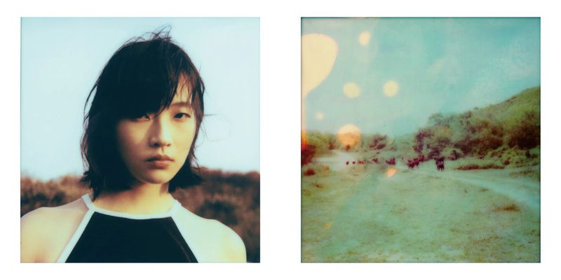 Square format composite: a woman in tank top, and blurred landscape with trees and cattle under a cloudy sky, creating a vintage aesthetic.
