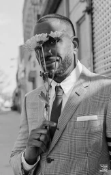 Black man in a plaid suit holding white daisies across his eyes on a city street