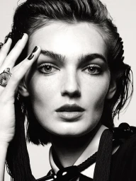 Close-up black and white portrait of a model with dark wet-look hair, wearing a ring and dark clothing against a seamless background.