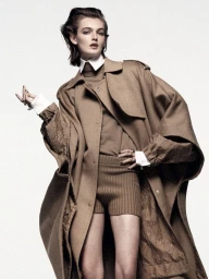 Model in camel coat wearing a white collared shirt and knit shorts against a white background