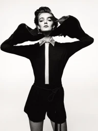 Monochrome fashion portrait of a model in a dark collared top holding up fabric sleeves against a plain white backdrop.