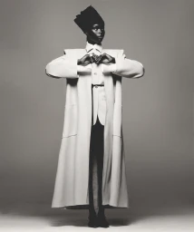 Model wearing structured white coat and hat posing against grey studio backdrop for Harper's Bazaar Australia.