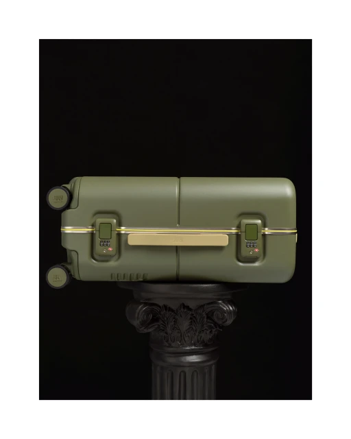 Olive green luggage closed and set sideways on black pillar in studio. Gold trim and locks detail the design of the suitcase.