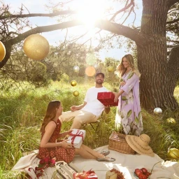 Three people enjoying an outdoor holiday picnic under a tree decorated with hanging golden ornaments for David Jones.