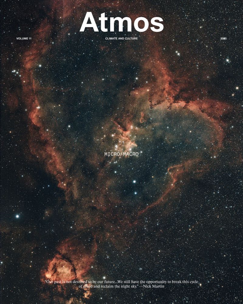 Magazine cover with cosmos and the title "Atmos." The subtitle reads, "Climate and Culture." The magazine cover is dark with stars.