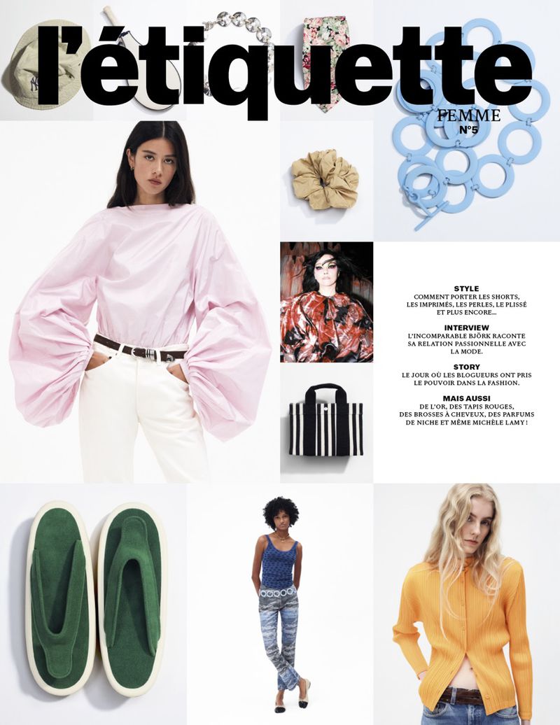 Fashion editorial layout featuring clothes and accessories, set against a clean white backdrop, creating a visually appealing composition.