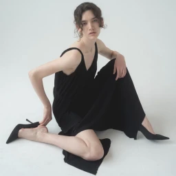 Model seated on white background wearing a black sleeveless dress and black pointed heels