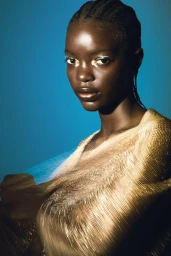 Portrait of a black woman with braided hair wearing a textured gold metallic top against a blue background.