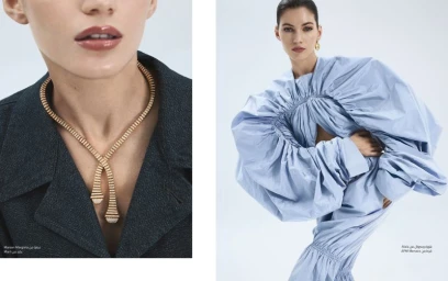 Diptych fashion portrait featuring a close-up of a gold necklace and a model wearing a volumetric light blue blouse.