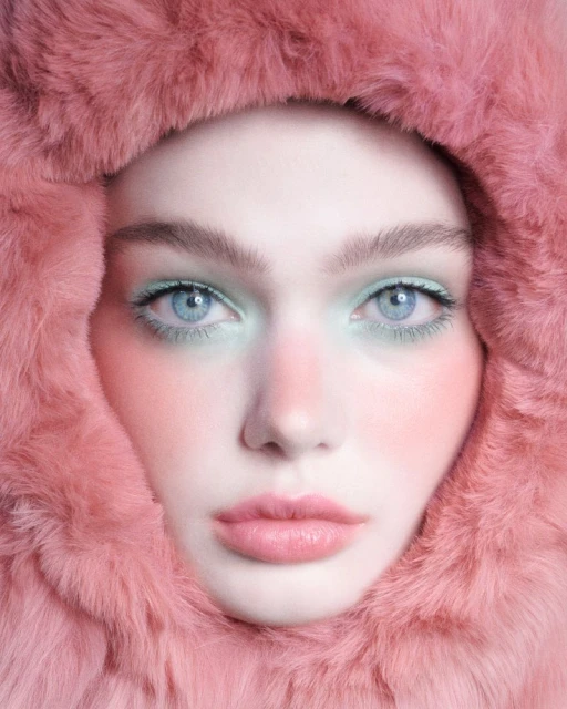 Close-up portrait of a woman with light blue eyes and pink makeup wearing a pink fur hood in a soft, diffused light.