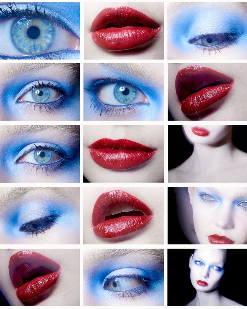 Close-up grid of a woman's makeup, showing bright blue eyeshadow and bold red lips in various angles and crops on a white background.