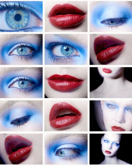 Close-up grid of a woman's makeup, showing bright blue eyeshadow and bold red lips in various angles and crops on a white background.