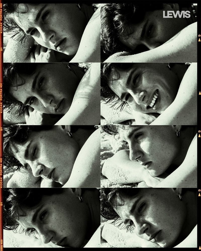 Black and white portrait of a young adult male lying on a beach in a grid of eight close-up frames with film roll borders.