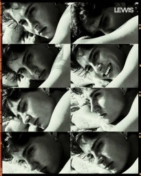 Contact sheet of black and white film photography showing close-up portraits of a young man reclining on a sandy beach.