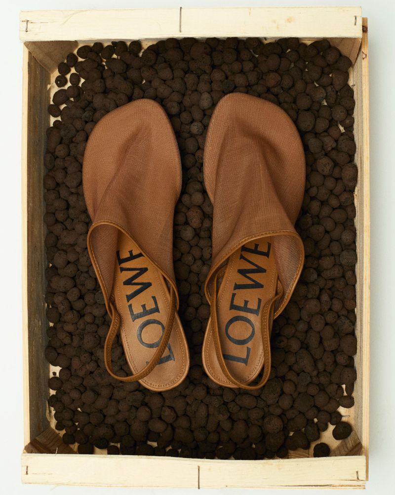 Close-up of tan Loewe slingback heels displayed in a light wooden box filled with brown decorative spheres, studio shot.